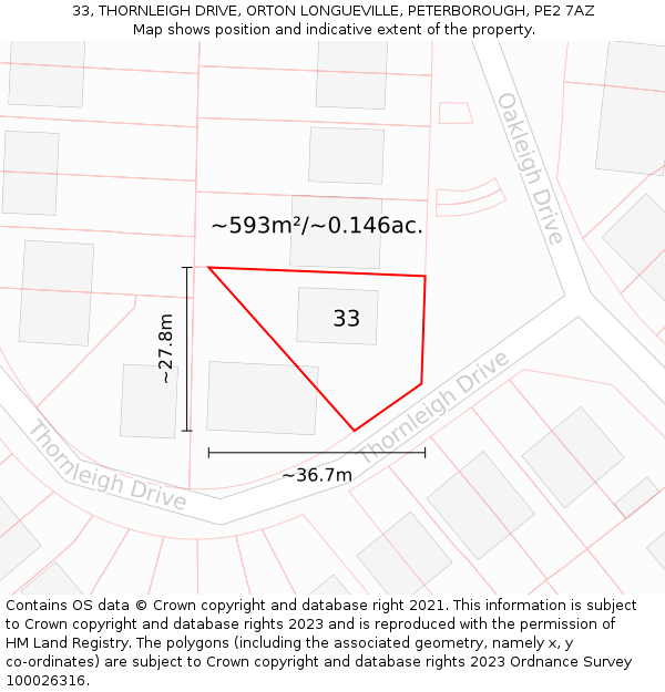 33, THORNLEIGH DRIVE, ORTON LONGUEVILLE, PETERBOROUGH, PE2 7AZ: Plot and title map