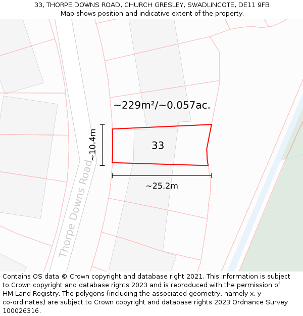 33, THORPE DOWNS ROAD, CHURCH GRESLEY, SWADLINCOTE, DE11 9FB: Plot and title map