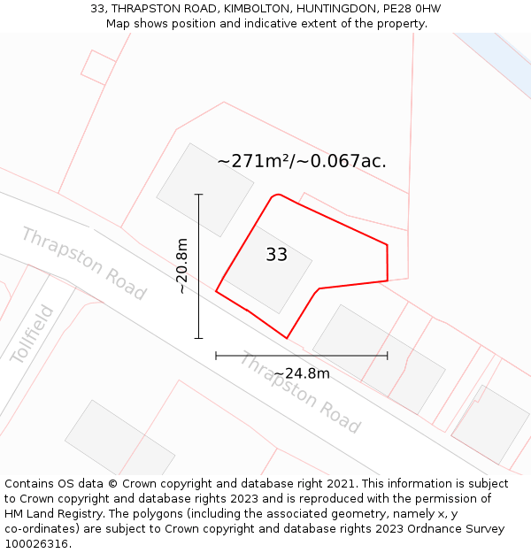 33, THRAPSTON ROAD, KIMBOLTON, HUNTINGDON, PE28 0HW: Plot and title map