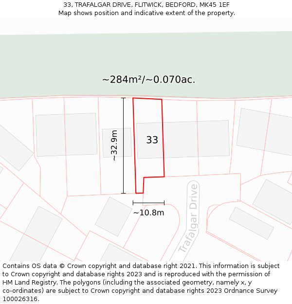33, TRAFALGAR DRIVE, FLITWICK, BEDFORD, MK45 1EF: Plot and title map