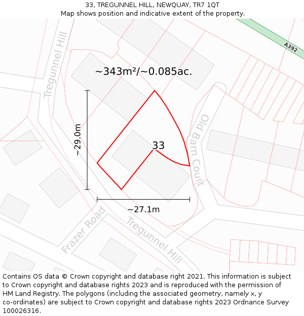 33, TREGUNNEL HILL, NEWQUAY, TR7 1QT: Plot and title map