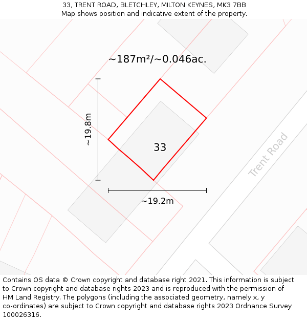 33, TRENT ROAD, BLETCHLEY, MILTON KEYNES, MK3 7BB: Plot and title map
