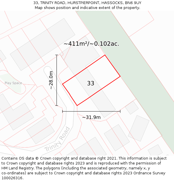 33, TRINITY ROAD, HURSTPIERPOINT, HASSOCKS, BN6 9UY: Plot and title map