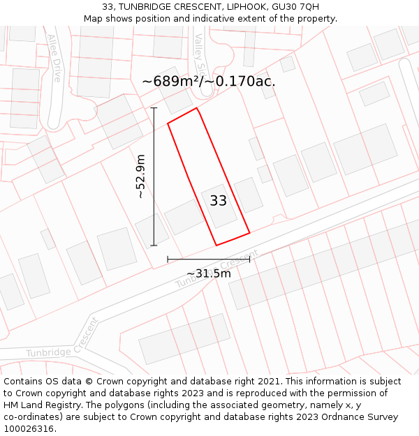 33, TUNBRIDGE CRESCENT, LIPHOOK, GU30 7QH: Plot and title map