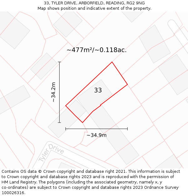 33, TYLER DRIVE, ARBORFIELD, READING, RG2 9NG: Plot and title map