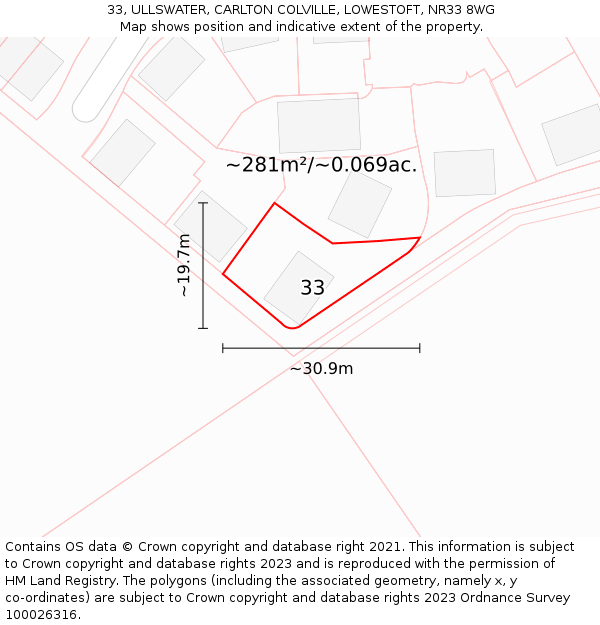 33, ULLSWATER, CARLTON COLVILLE, LOWESTOFT, NR33 8WG: Plot and title map