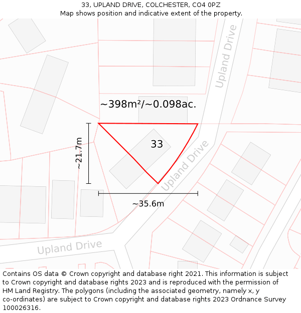 33, UPLAND DRIVE, COLCHESTER, CO4 0PZ: Plot and title map