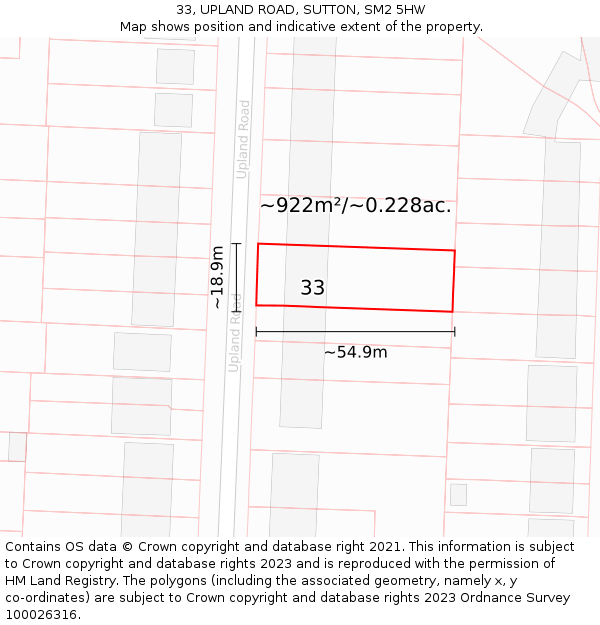 33, UPLAND ROAD, SUTTON, SM2 5HW: Plot and title map