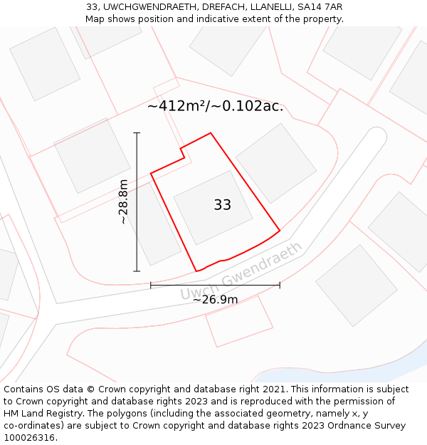 33, UWCHGWENDRAETH, DREFACH, LLANELLI, SA14 7AR: Plot and title map