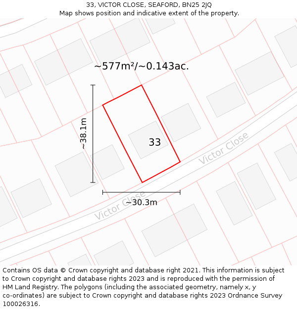 33, VICTOR CLOSE, SEAFORD, BN25 2JQ: Plot and title map
