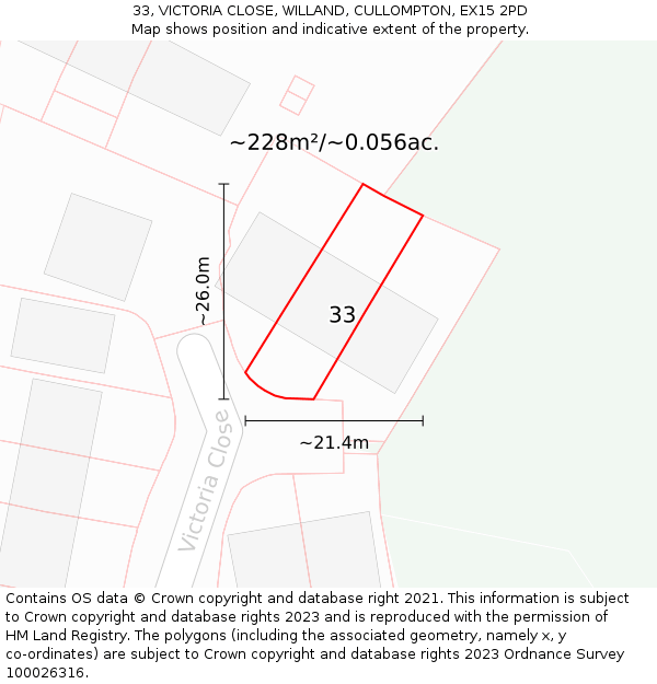 33, VICTORIA CLOSE, WILLAND, CULLOMPTON, EX15 2PD: Plot and title map