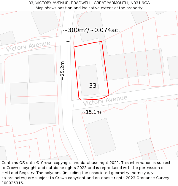 33, VICTORY AVENUE, BRADWELL, GREAT YARMOUTH, NR31 9GA: Plot and title map