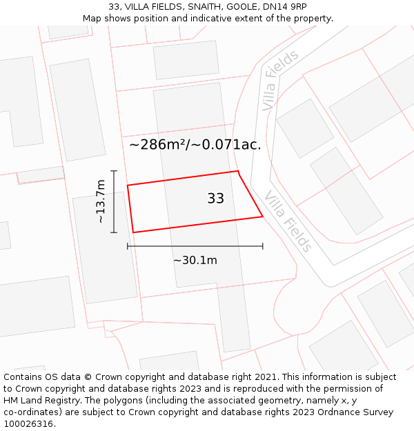 33, VILLA FIELDS, SNAITH, GOOLE, DN14 9RP: Plot and title map