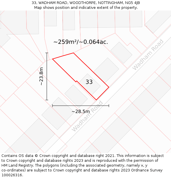 33, WADHAM ROAD, WOODTHORPE, NOTTINGHAM, NG5 4JB: Plot and title map