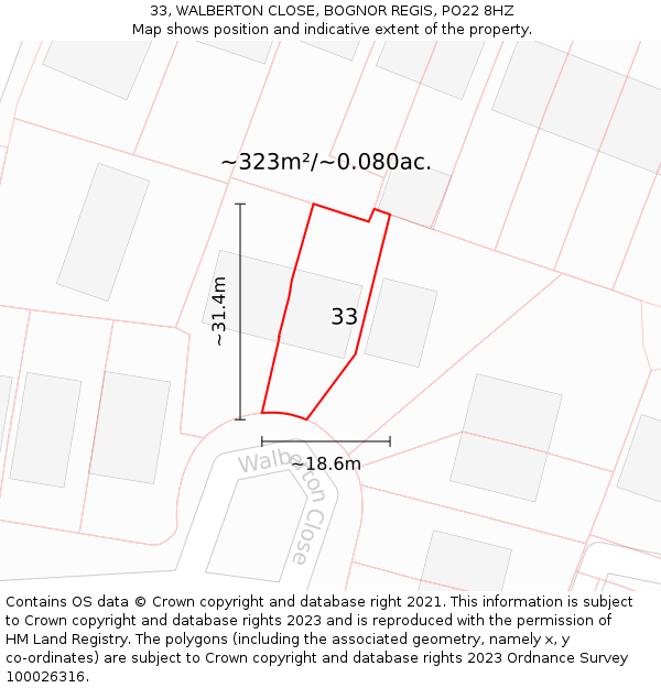 33, WALBERTON CLOSE, BOGNOR REGIS, PO22 8HZ: Plot and title map