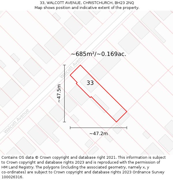 33, WALCOTT AVENUE, CHRISTCHURCH, BH23 2NQ: Plot and title map