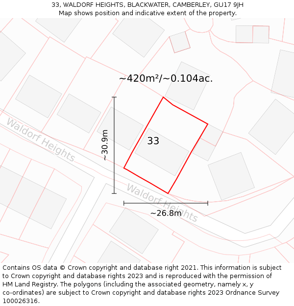 33, WALDORF HEIGHTS, BLACKWATER, CAMBERLEY, GU17 9JH: Plot and title map