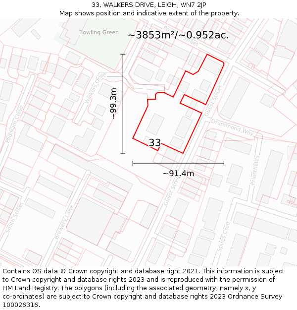 33, WALKERS DRIVE, LEIGH, WN7 2JP: Plot and title map
