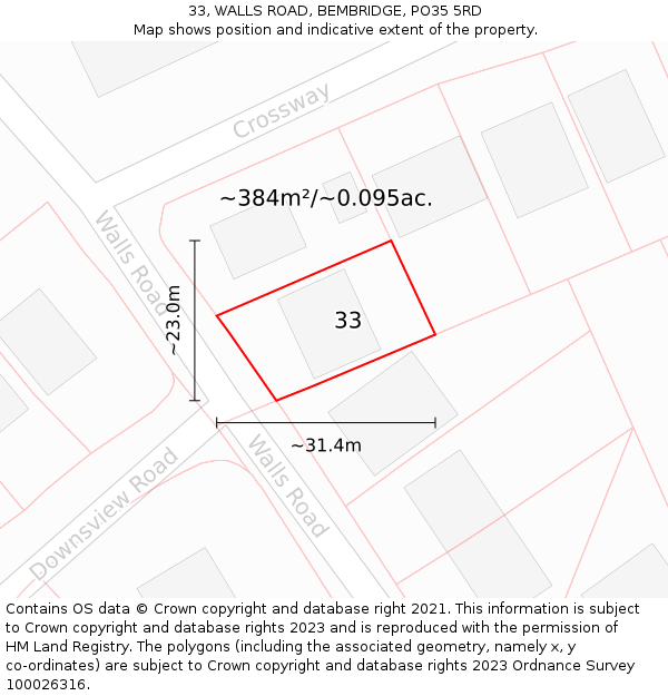 33, WALLS ROAD, BEMBRIDGE, PO35 5RD: Plot and title map