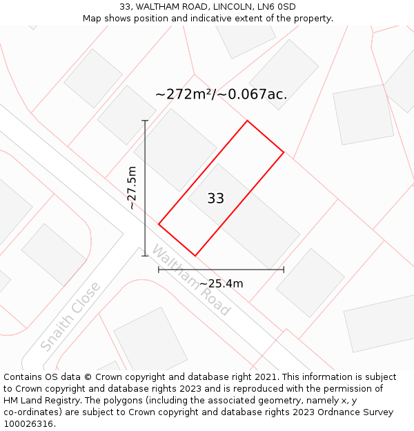 33, WALTHAM ROAD, LINCOLN, LN6 0SD: Plot and title map