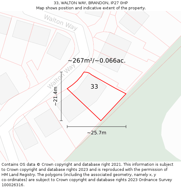 33, WALTON WAY, BRANDON, IP27 0HP: Plot and title map