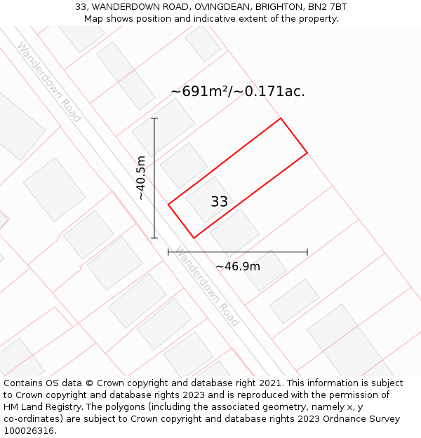 33, WANDERDOWN ROAD, OVINGDEAN, BRIGHTON, BN2 7BT: Plot and title map