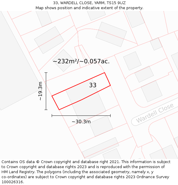 33, WARDELL CLOSE, YARM, TS15 9UZ: Plot and title map
