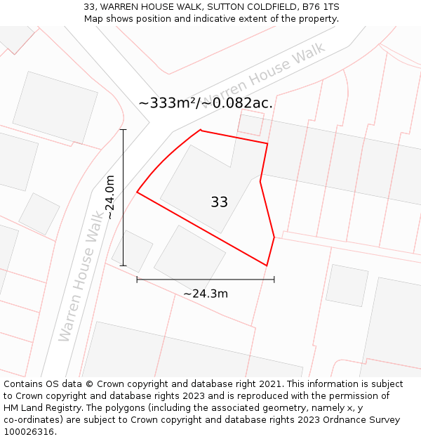 33, WARREN HOUSE WALK, SUTTON COLDFIELD, B76 1TS: Plot and title map