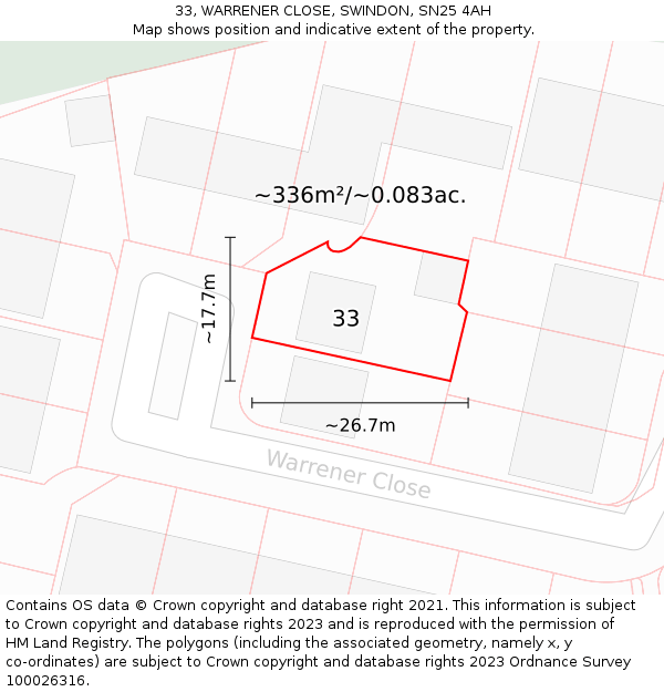 33, WARRENER CLOSE, SWINDON, SN25 4AH: Plot and title map