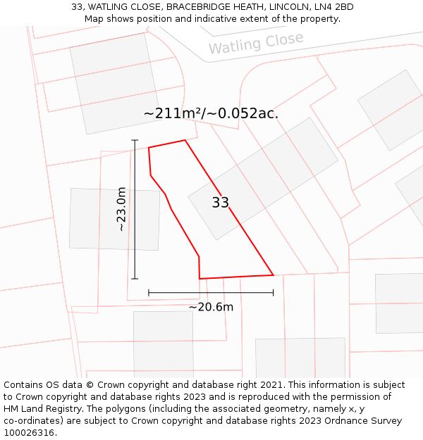 33, WATLING CLOSE, BRACEBRIDGE HEATH, LINCOLN, LN4 2BD: Plot and title map