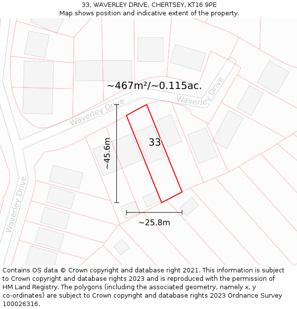 33, WAVERLEY DRIVE, CHERTSEY, KT16 9PE: Plot and title map