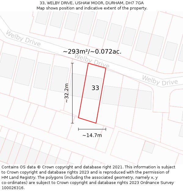 33, WELBY DRIVE, USHAW MOOR, DURHAM, DH7 7GA: Plot and title map