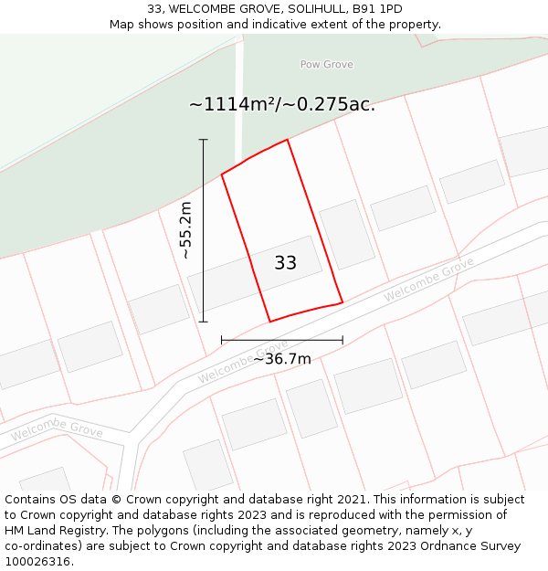 33, WELCOMBE GROVE, SOLIHULL, B91 1PD: Plot and title map