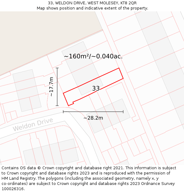 33, WELDON DRIVE, WEST MOLESEY, KT8 2QR: Plot and title map
