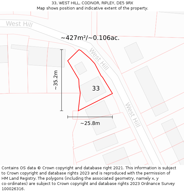 33, WEST HILL, CODNOR, RIPLEY, DE5 9RX: Plot and title map