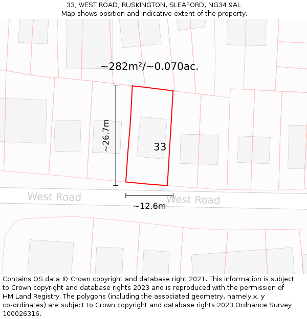 33, WEST ROAD, RUSKINGTON, SLEAFORD, NG34 9AL: Plot and title map