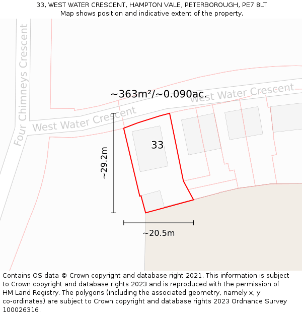 33, WEST WATER CRESCENT, HAMPTON VALE, PETERBOROUGH, PE7 8LT: Plot and title map