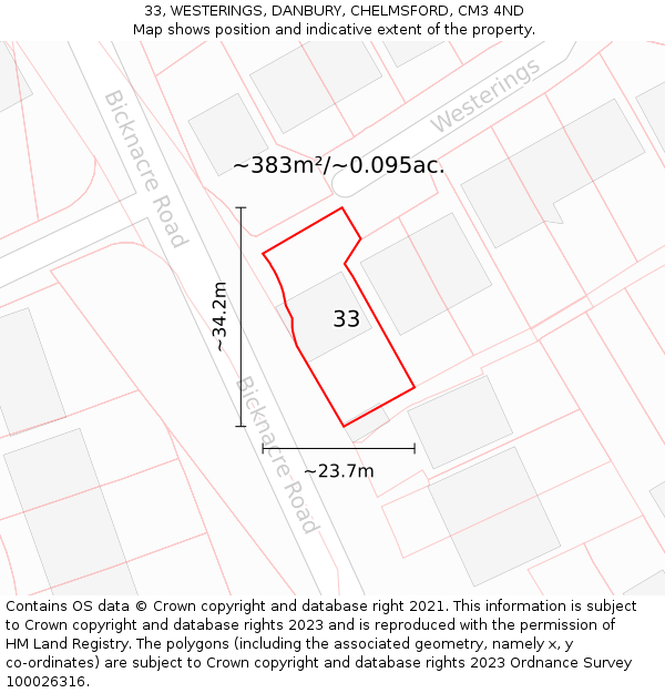 33, WESTERINGS, DANBURY, CHELMSFORD, CM3 4ND: Plot and title map