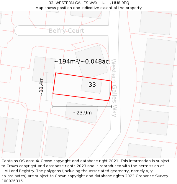 33, WESTERN GAILES WAY, HULL, HU8 9EQ: Plot and title map