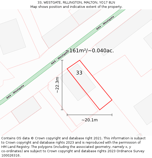 33, WESTGATE, RILLINGTON, MALTON, YO17 8LN: Plot and title map