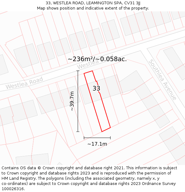 33, WESTLEA ROAD, LEAMINGTON SPA, CV31 3JJ: Plot and title map