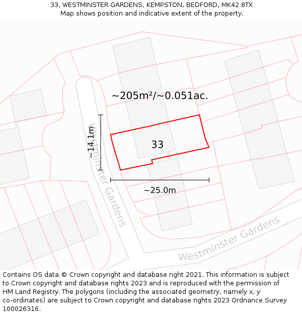 33, WESTMINSTER GARDENS, KEMPSTON, BEDFORD, MK42 8TX: Plot and title map
