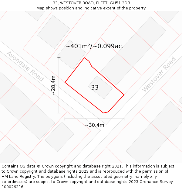 33, WESTOVER ROAD, FLEET, GU51 3DB: Plot and title map