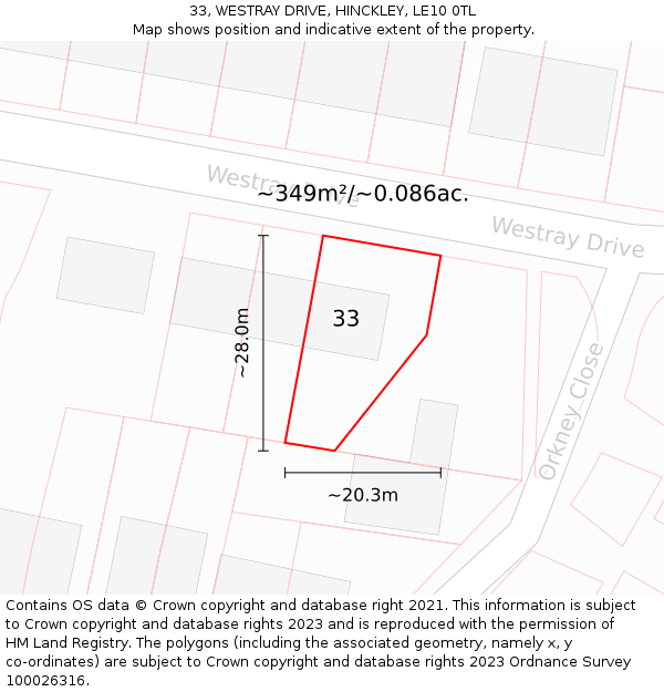 33, WESTRAY DRIVE, HINCKLEY, LE10 0TL: Plot and title map