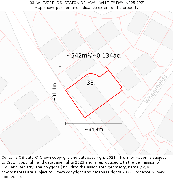 33, WHEATFIELDS, SEATON DELAVAL, WHITLEY BAY, NE25 0PZ: Plot and title map