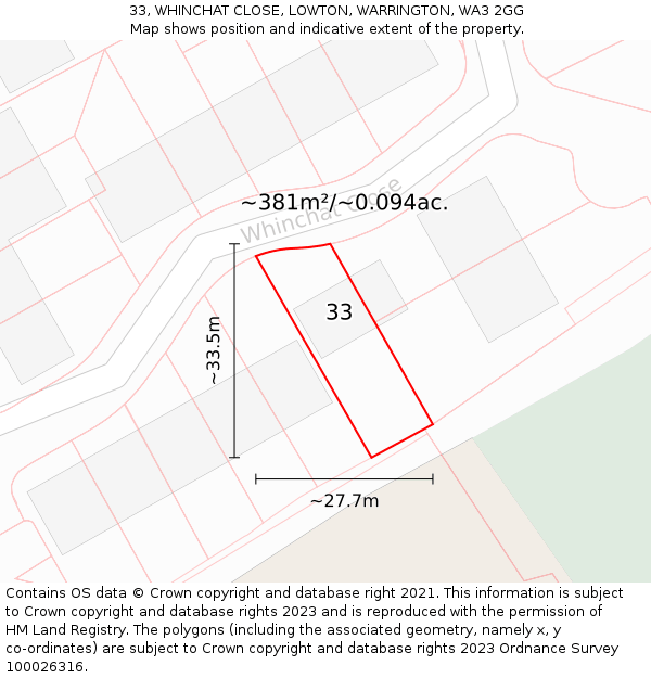 33, WHINCHAT CLOSE, LOWTON, WARRINGTON, WA3 2GG: Plot and title map