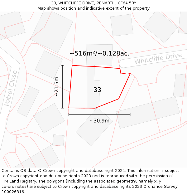 33, WHITCLIFFE DRIVE, PENARTH, CF64 5RY: Plot and title map
