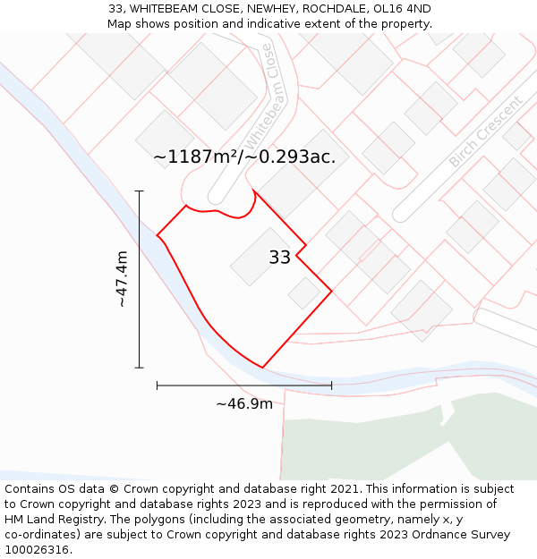 33, WHITEBEAM CLOSE, NEWHEY, ROCHDALE, OL16 4ND: Plot and title map