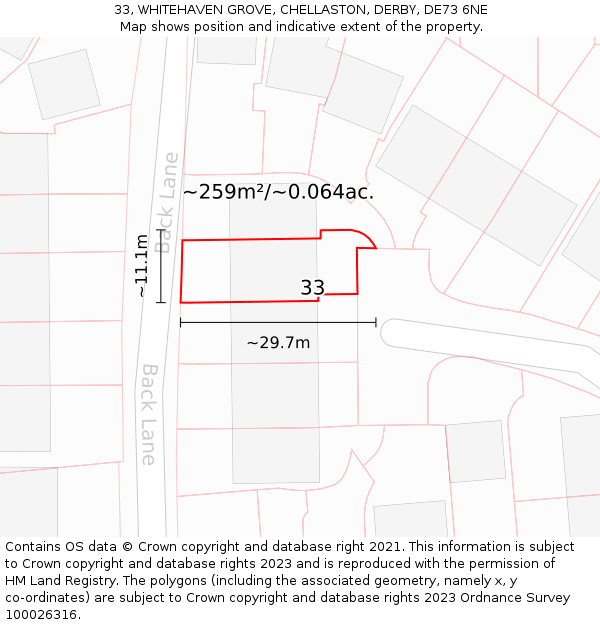 33, WHITEHAVEN GROVE, CHELLASTON, DERBY, DE73 6NE: Plot and title map