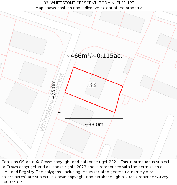 33, WHITESTONE CRESCENT, BODMIN, PL31 1PF: Plot and title map